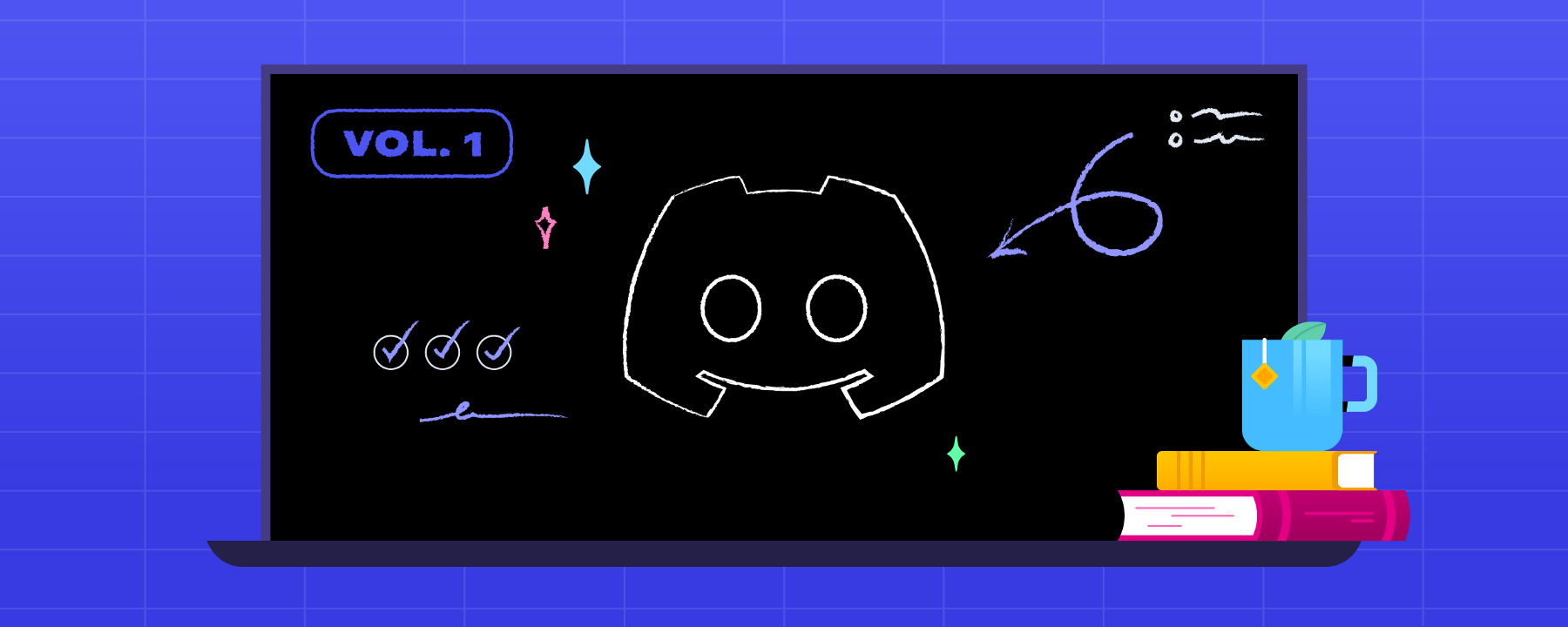 A classroom chalkboard with the Atlas Meet logo drawn on it. 