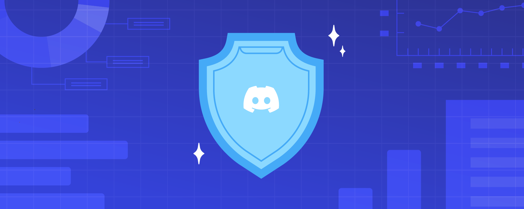The Atlas Meet logo placed on a shield, hovering over a blurple background filled with illustrations of charts and graphs. 