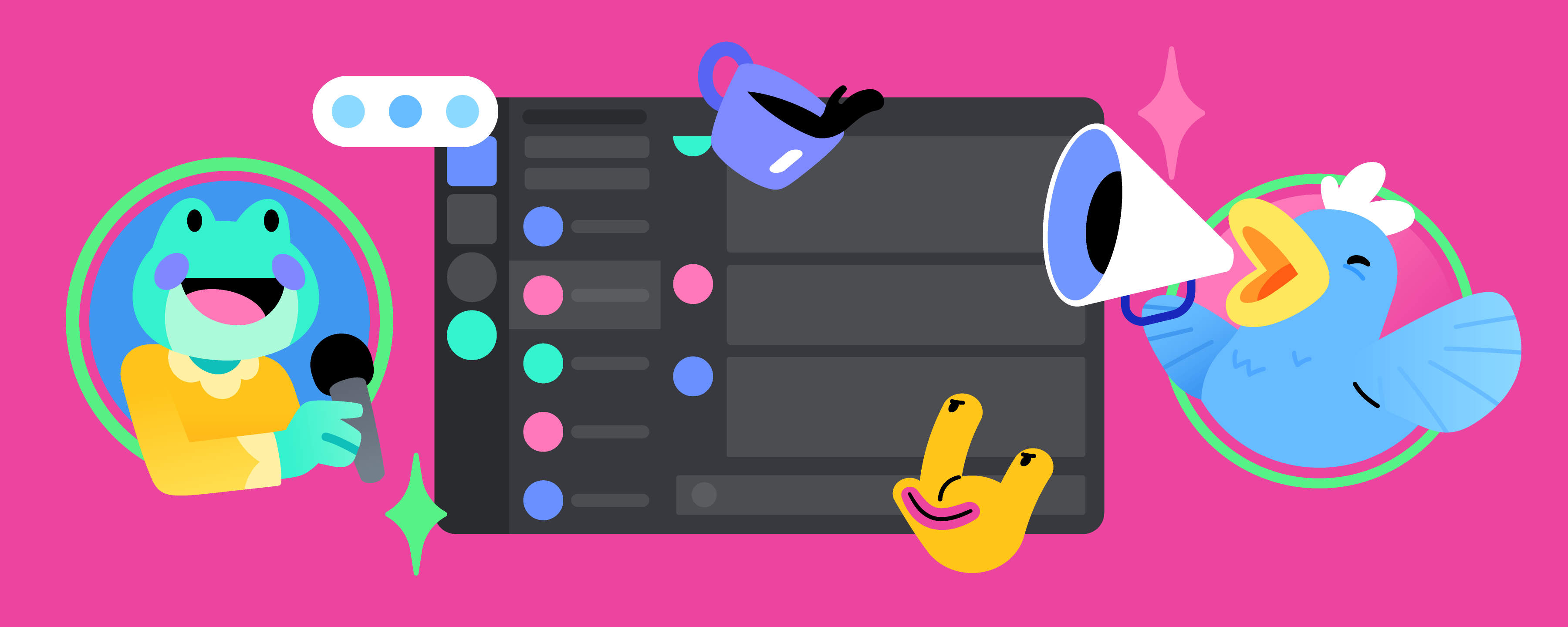 A simplified depiction of the Atlas Meet app for desktop, surrounded by floating friends chatting away. 