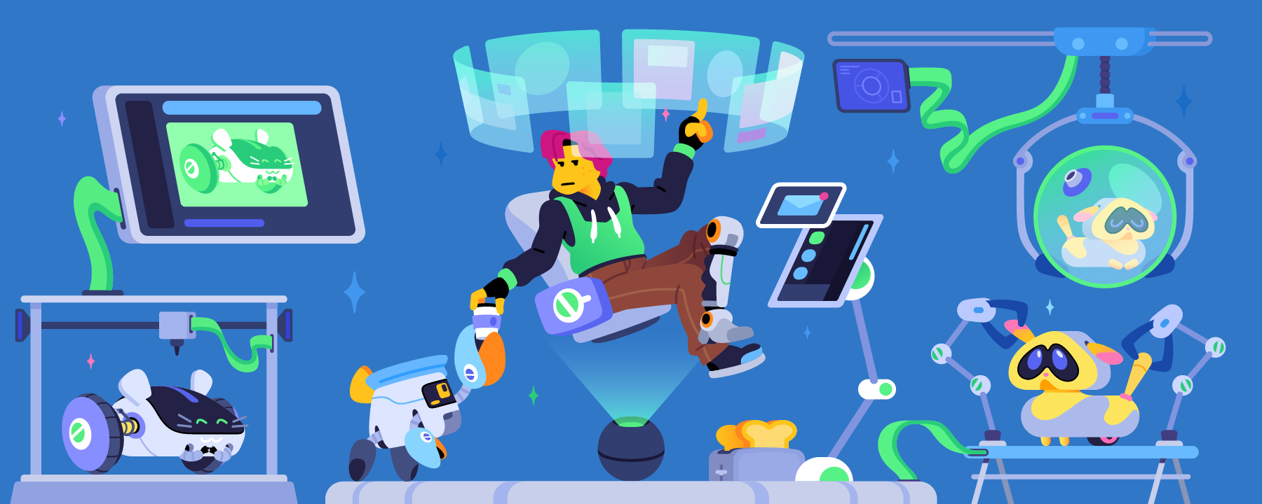 A person representing someone who creates apps for Atlas Meet works in their laboratory. There are helpful robots, science experiments and floating monitors aplenty.