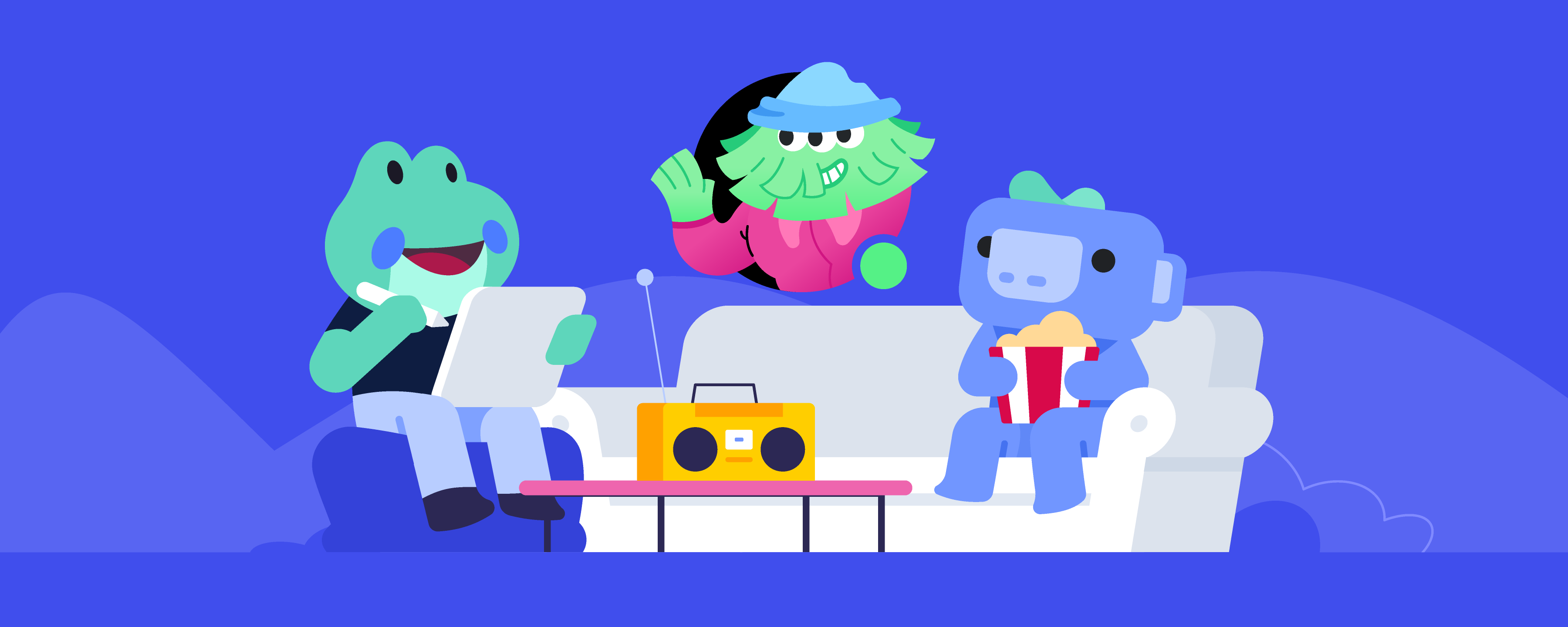 Three friends gathered around a couch, spending time together. One is floating inside a Atlas Meet profile icon, representing someone who’s connected digitally. 