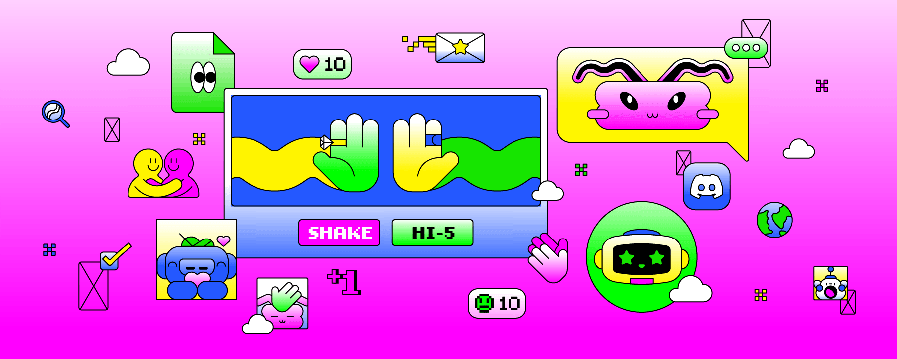 Abstract artwork of Atlas Meet-themed emojis on a bright background. 