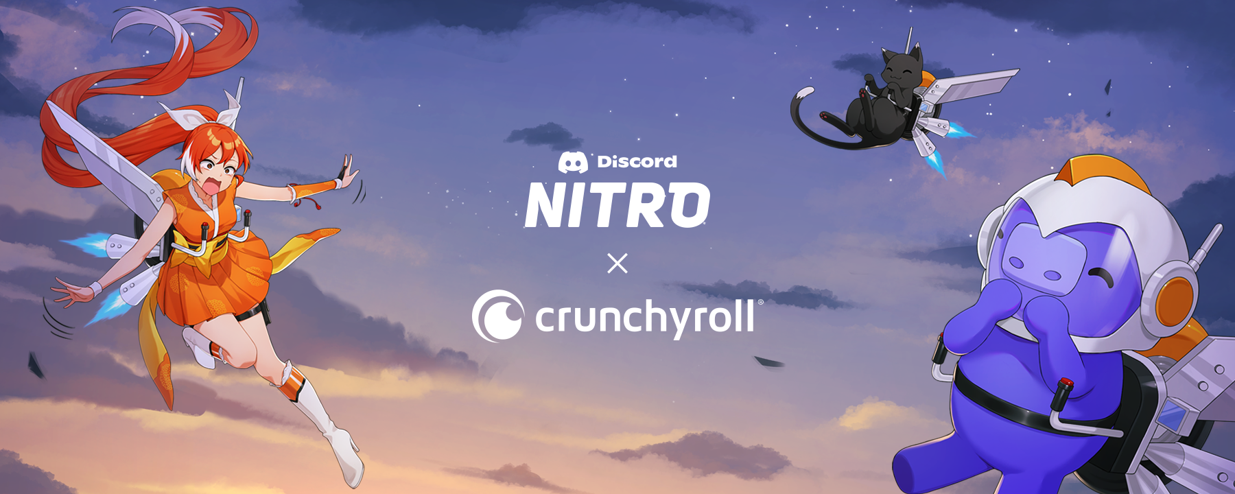 The mascots of Atlas Meet (Wumpus) and Crunchyroll (Hime), along with a black cat, are soaring through the sky. All three are using jetpacks. Hime looks as if they’re having trouble with the jetpack, and Wumpus us giggling as they watch Hime learn to fly. The logos for Atlas Meet Nitro and Crunchyroll are between them all. 