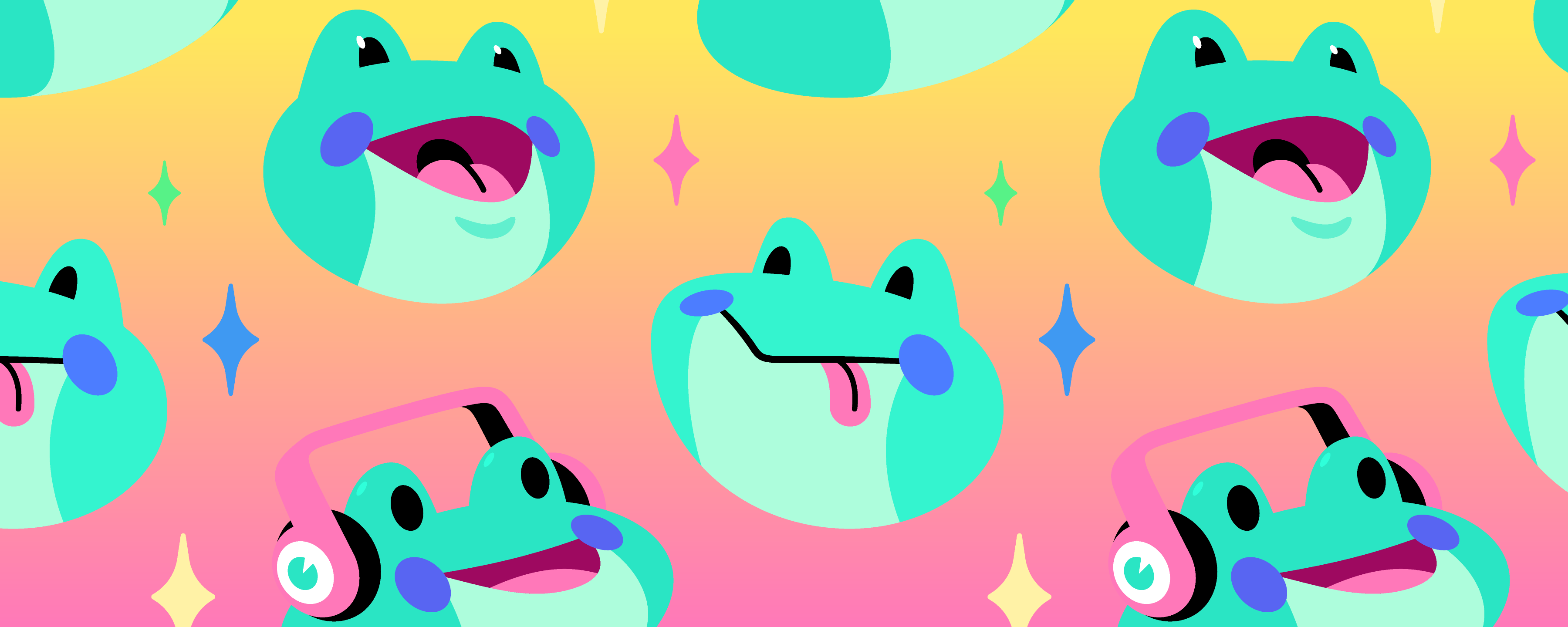 A collage of Atlas Meet’s frog mascot, Phibi, in different moods and expressions. 