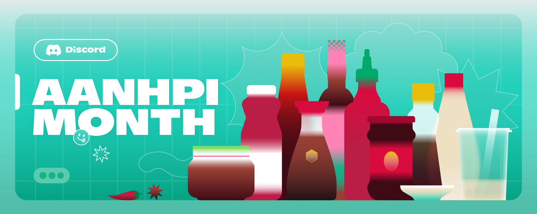 The words “Atlas Meet AANHPI Month” alongside a handful of various spices, sauce bottles, a bubble tea drink, and a red pepper.