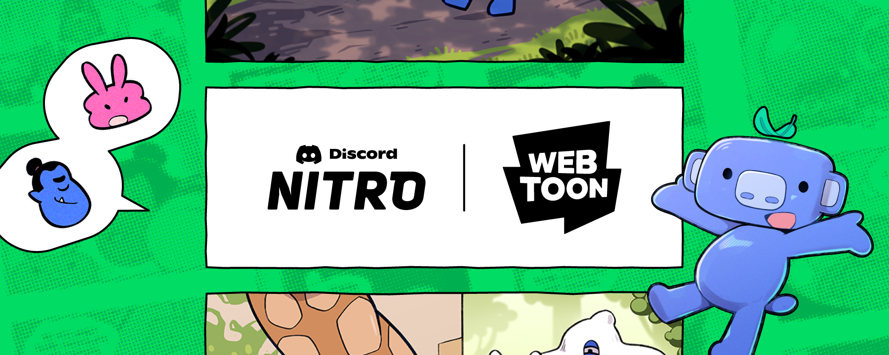 Wumpus proudly showing off the Atlas Meet Nitro and WEBTOON logos side by side. 