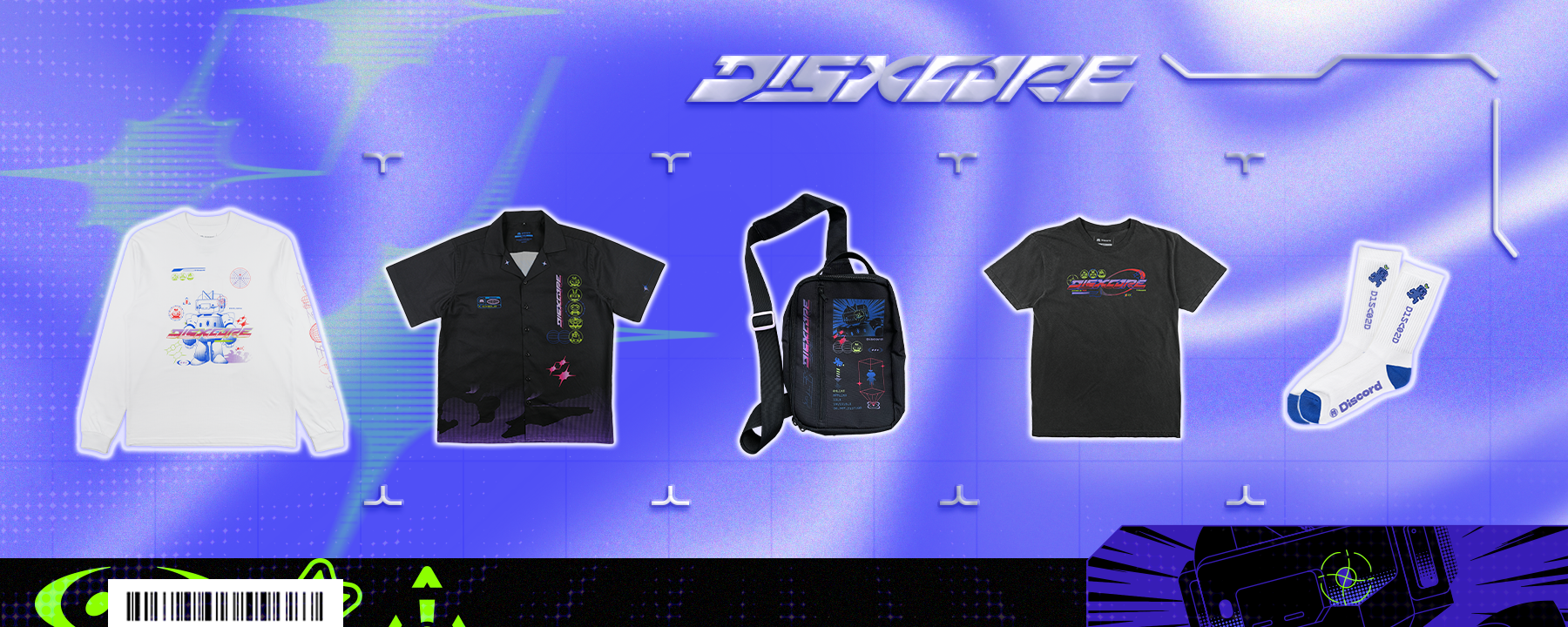 Promotional material for the DISXCORE merch collection. Three shirts, a sling bag, and socks are shown. 
