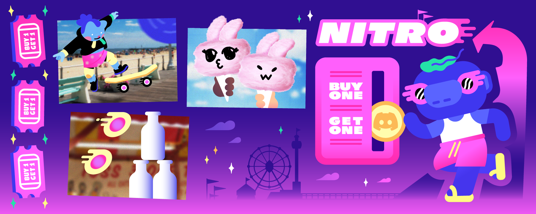 Wumpus at a summer-themed beach boardwalk inserting a coin into a machine that reads “Nitro Buy One Get One.”