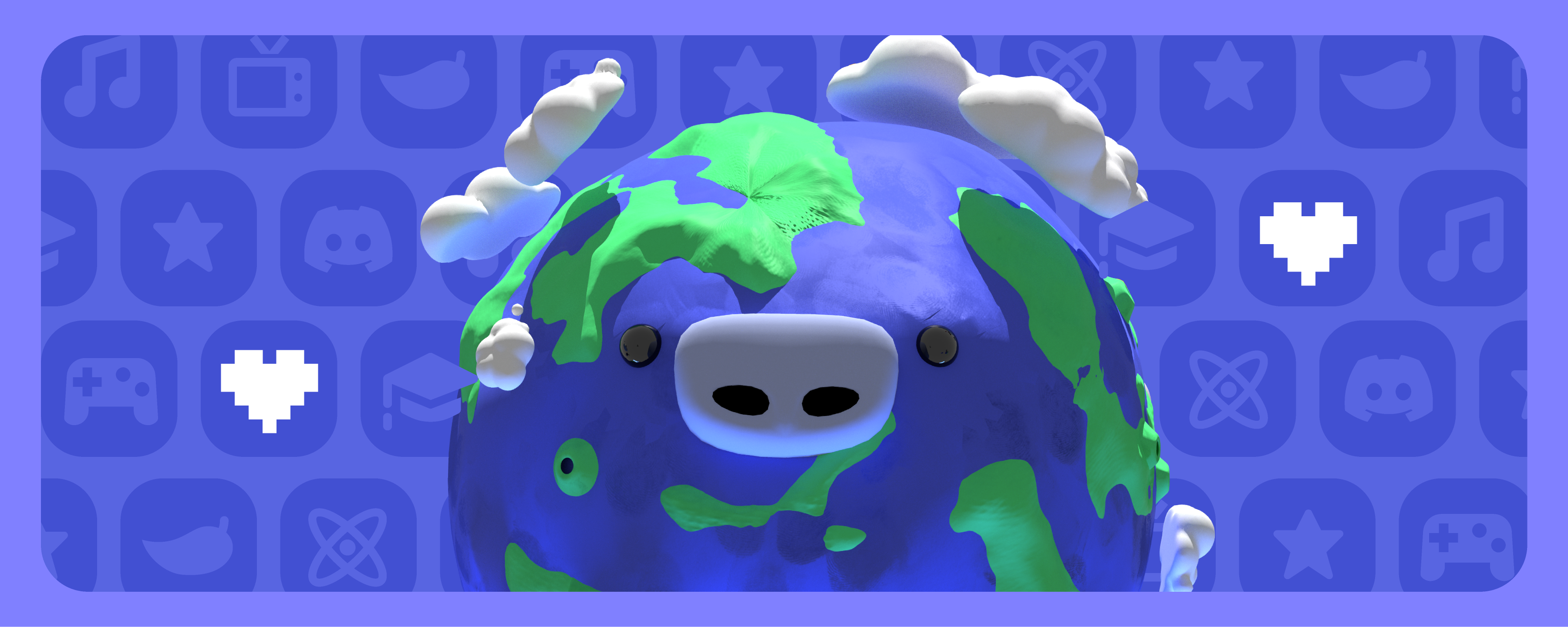 A claymation-like visual of the Earth with Wumpus’ nose and eyes. On the background is a collage of icons showing stars, controllers, leafs, televisions and the Atlas Meet logo. 