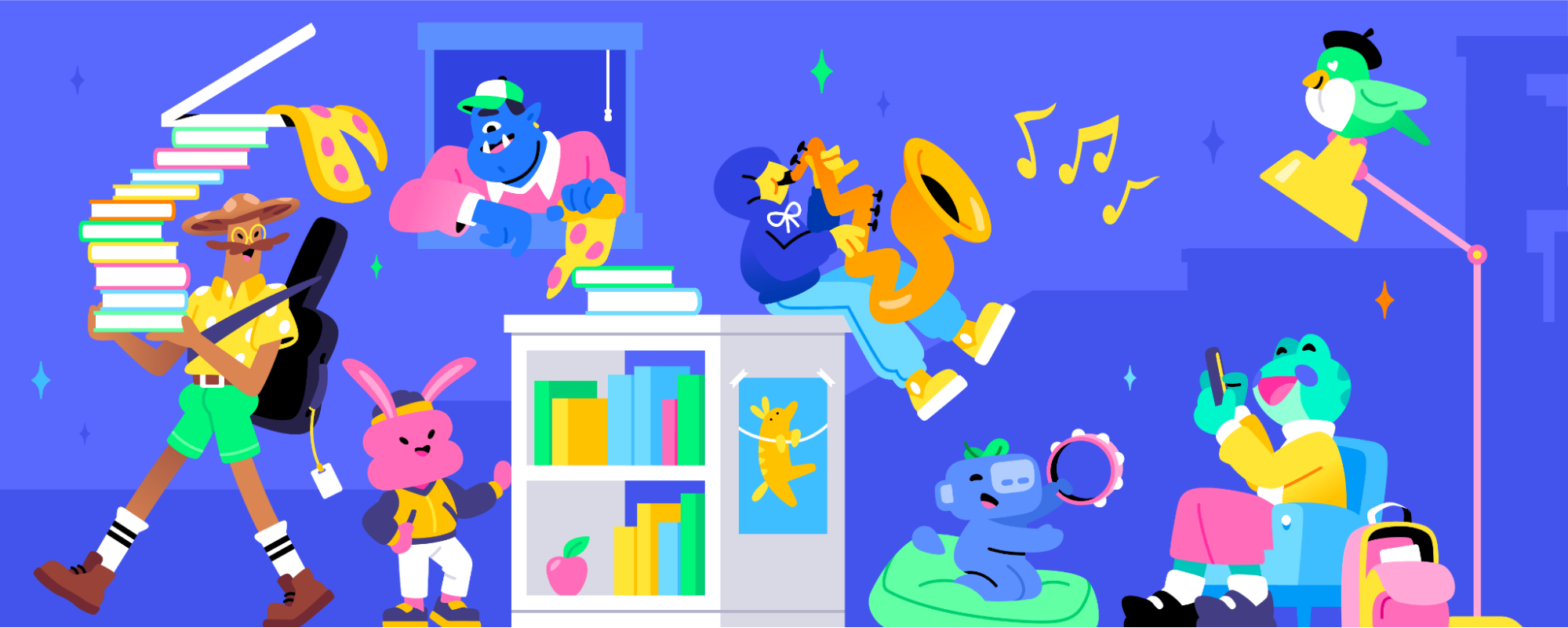 Various Atlas Meet characters doing school-themed activities, including playing the saxophone, carrying a stack of books and pizza, and on their phone.