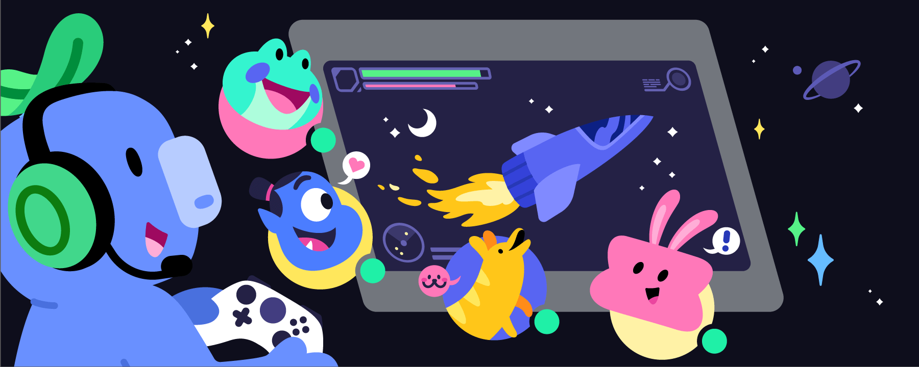 Wumpus and Pig in a Atlas Meet voice channel, with Pig streaming Sea of Thieves from their Xbox.