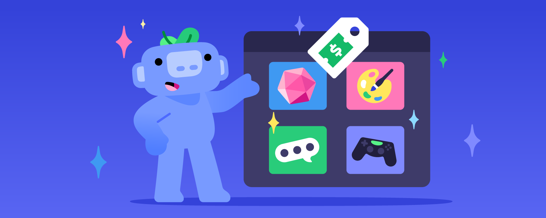 Wumpus showing off a selection of products available for purchase.