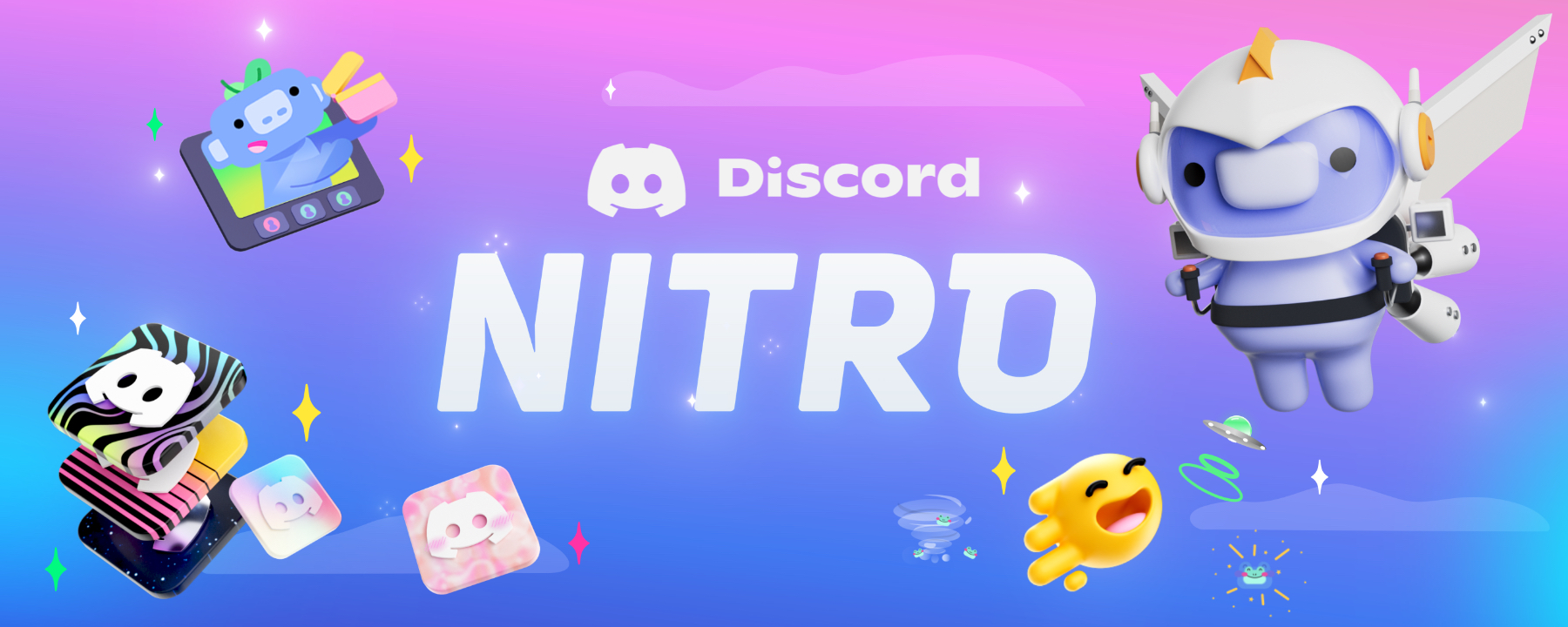 “Atlas Meet Nitro” logo plus Nitro Wumpus and other Nitro features like Super Reactions, Clips, and custom app icons.