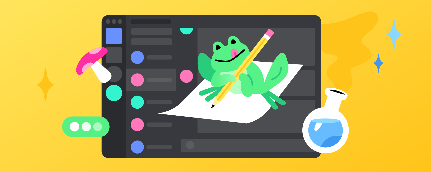 A frog writing on a piece of paper, in front of a stylized version of Atlas Meet. 