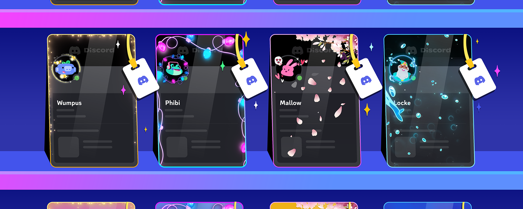 A preview of four Atlas Meet profiles with Avatar Decorations and Profile Effects on them.