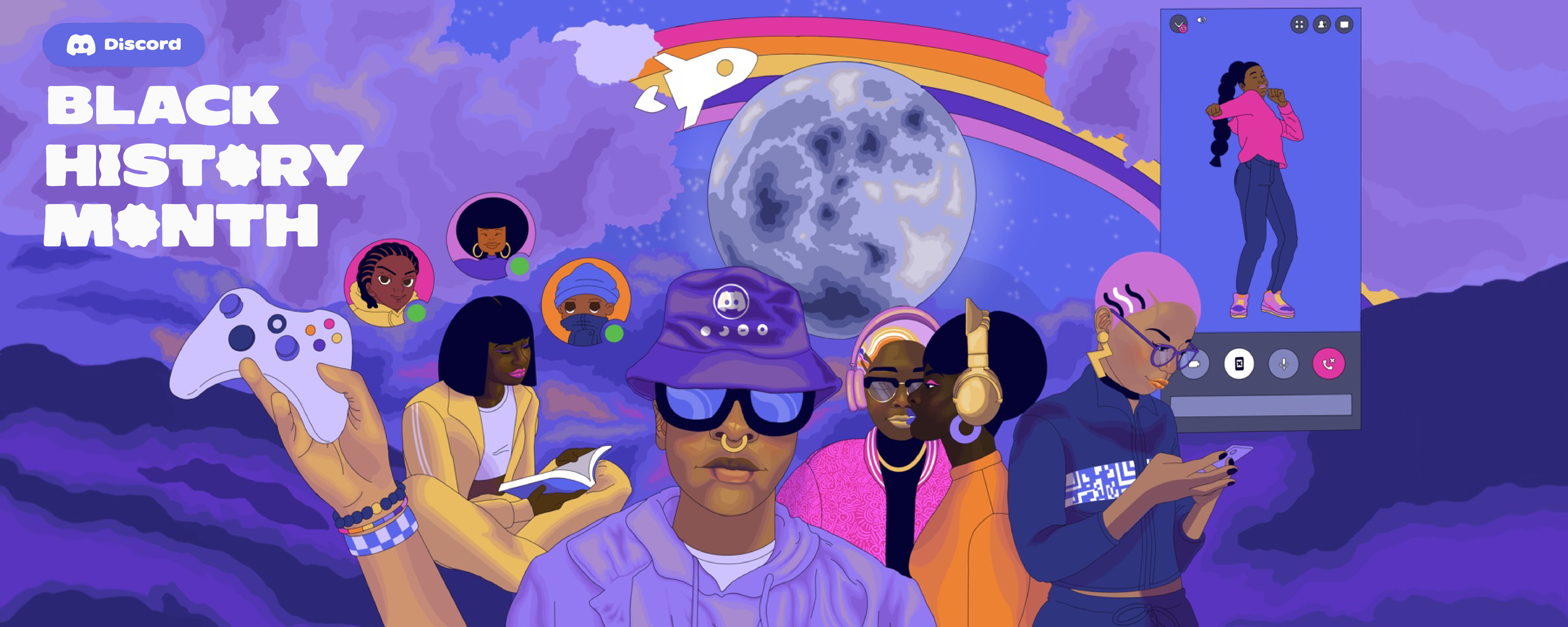 A painting depicting Black creators and community members streaming, sharing, talking, and gaming together. A Atlas Meet color scheme encompasses the community. 