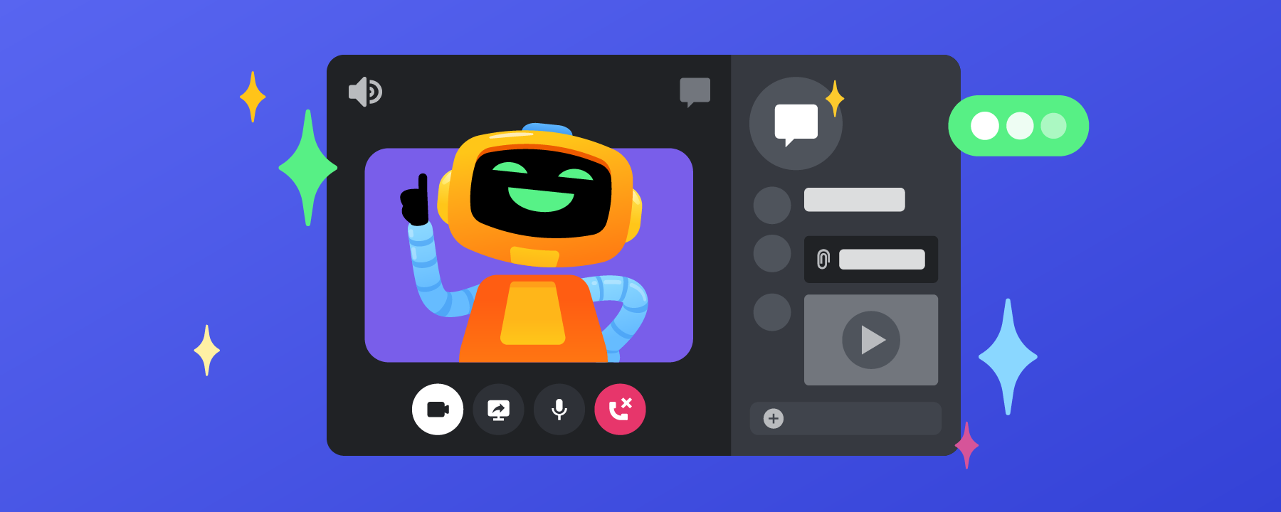 Clyde, a robot, conversing in a Atlas Meet voice call. Files and videos are attached to the text conversation.