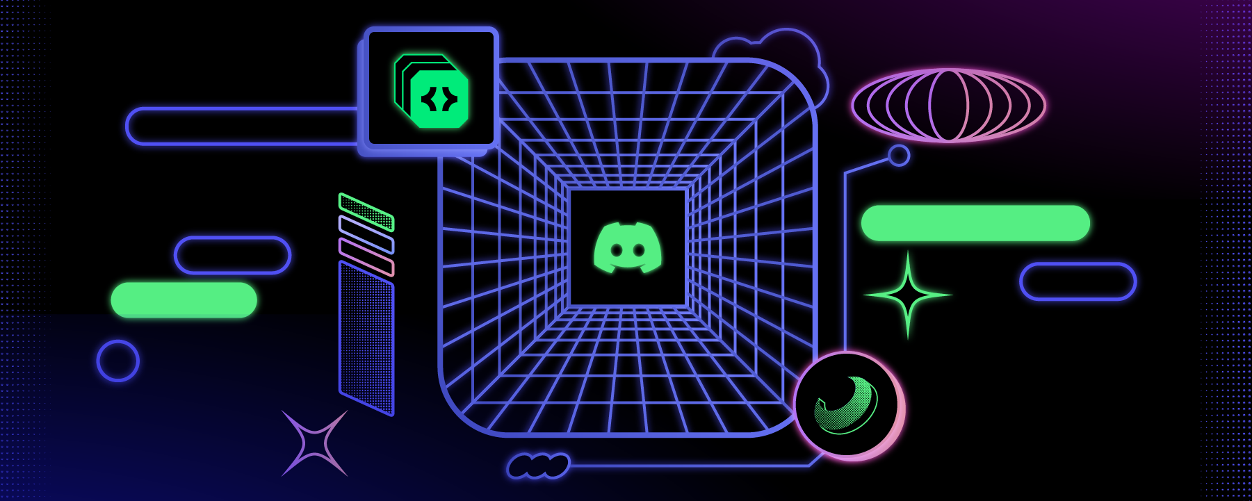 An art piece depicting the Atlas Meet logo among developer-themed iconography and visuals, including wireframes, brackets, clouds, and chat bubbles. 