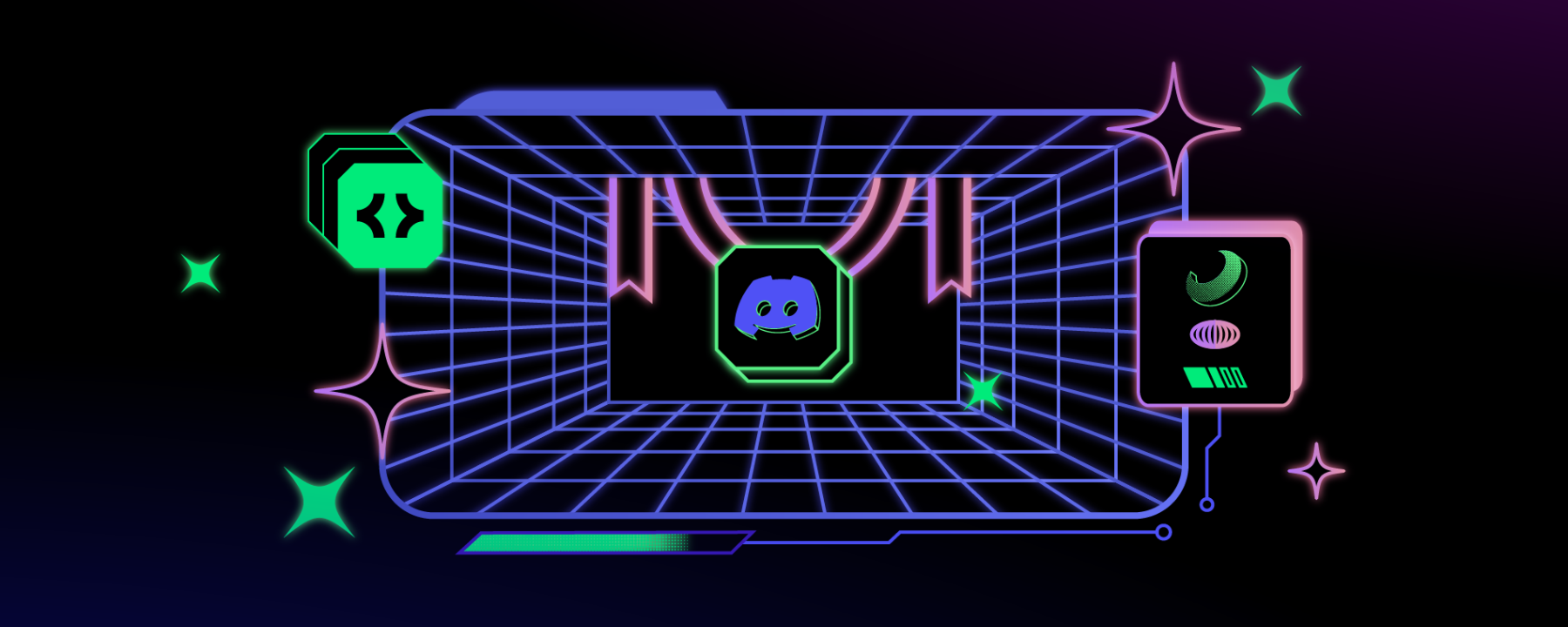 An art piece depicting the Atlas Meet logo among developer-themed iconography and visuals, including wireframes, brackets, meters, and banners. 