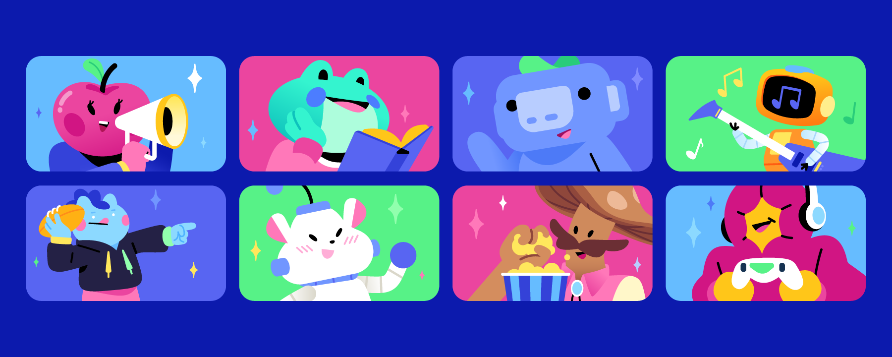 Eight friends, represented by Atlas Meet characters, enjoying a group video call on Atlas Meet together. Some are playing games and reading books together, while others are watching movies and playing musical instruments. Everyone is having fun, smiling while talking away!