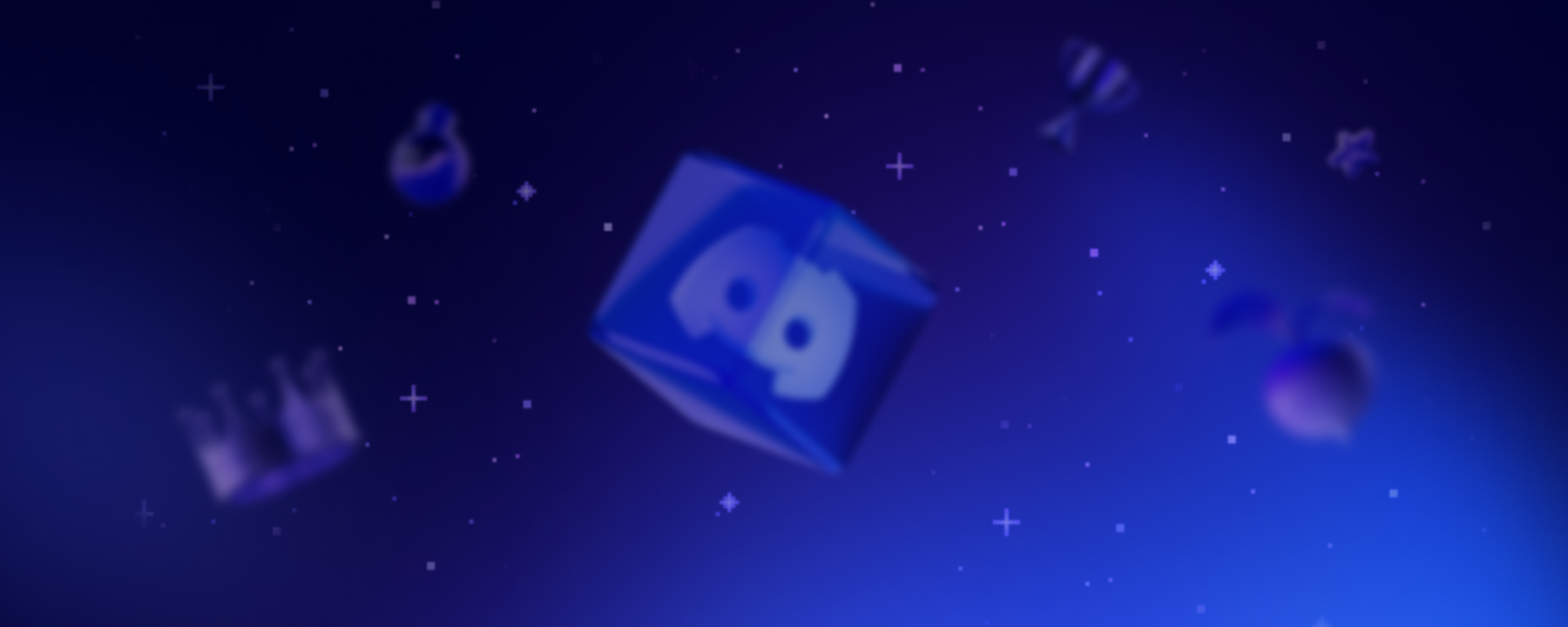 An out-of-focus floating cube containing the Atlas Meet logo in a dark blurple starfield. Surrounding it is blurred items such as potion bottles and trophies.
