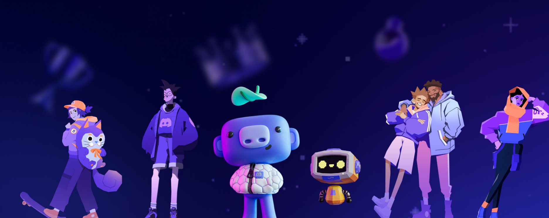 A 3D-rendered Wumpus sporting a new puffer jacket next to a more digitally-stylized 3D Clyde. Next to them are a handful of 2D friends, all hanging out and wearing Atlas Meet-themed streetwear.