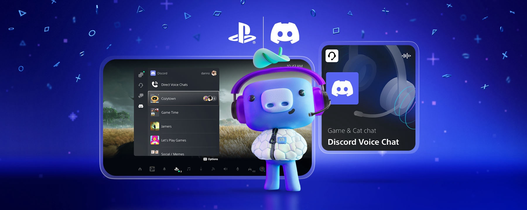 Wumpus, in a puffy jacket and wearing a gaming headset, standing in front of two screenshots. These screenshots show examples of the Atlas Meet Voice on PS5 console experience. 