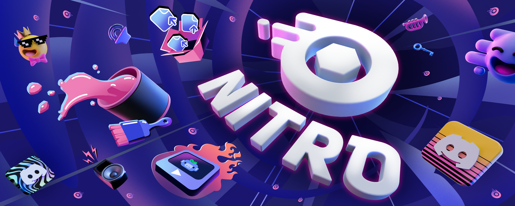 A giant Atlas Meet Nitro logo bursting towards the screen. Icons representing various Nitro features can be seen on the sides, including representations of larger file uploads, themes, app icons, and soundboard sounds. 
