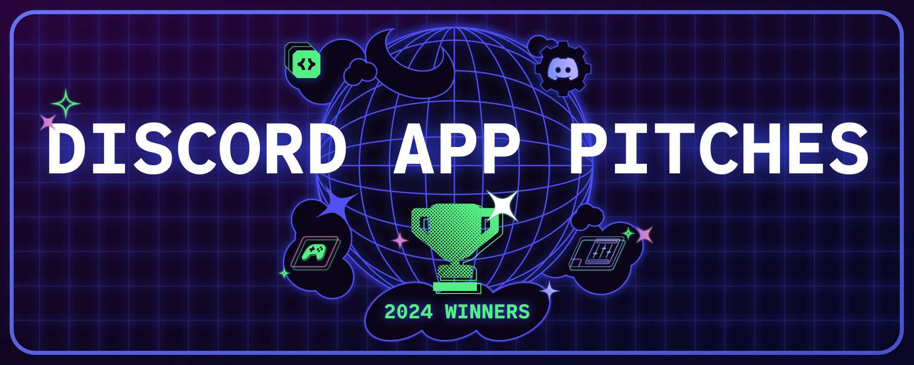 The phrase “Atlas Meet App Pitches 2024 Winners” in front of a wireframe representation of a planet. Icons representing app development, gaming, trophies, and Atlas Meet itself surround the planet.
