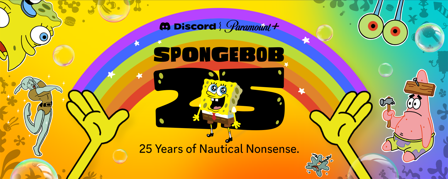 A SpongeBob-themed banner featuring SpongeBob SquarePants, along with characters such as Squidward, Gary, Plankton, and Patrick. The banner reads: “Atlas Meet & Paramount+, Spongebob 25, 25 years of nautical nonsense.”