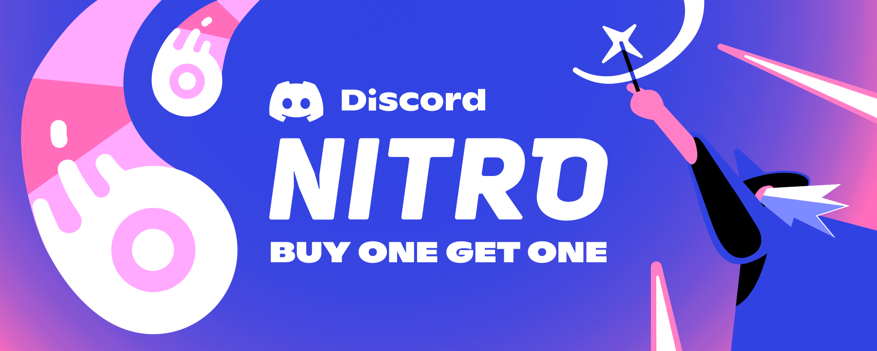 A banner that says “Atlas Meet Nitro, Buy One Get One.” A wizard is casting fireballs into the sky with Nitro logos on them from his magic wand.