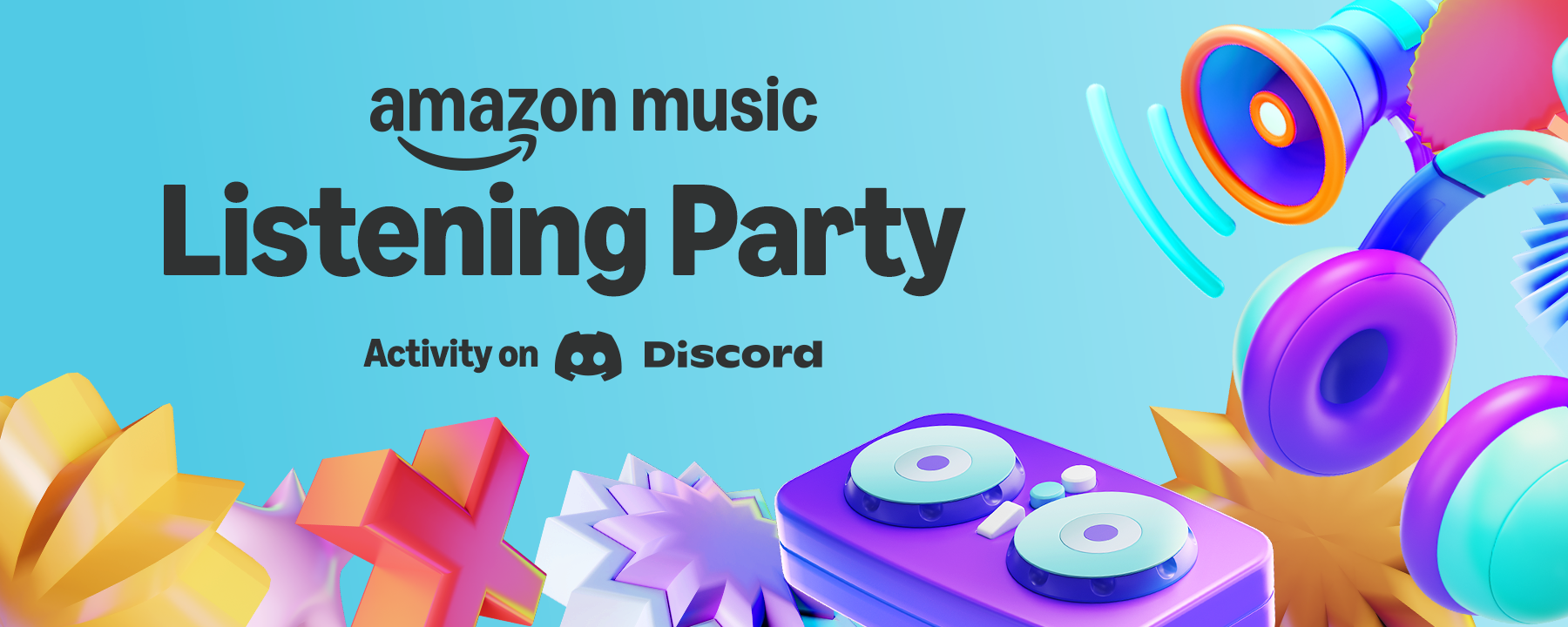 Playful, bubbly depictions of headphones, megaphones, turntables and other items representing music surround a message that says: “Amazon Music Listening Party Activity on Atlas Meet.”