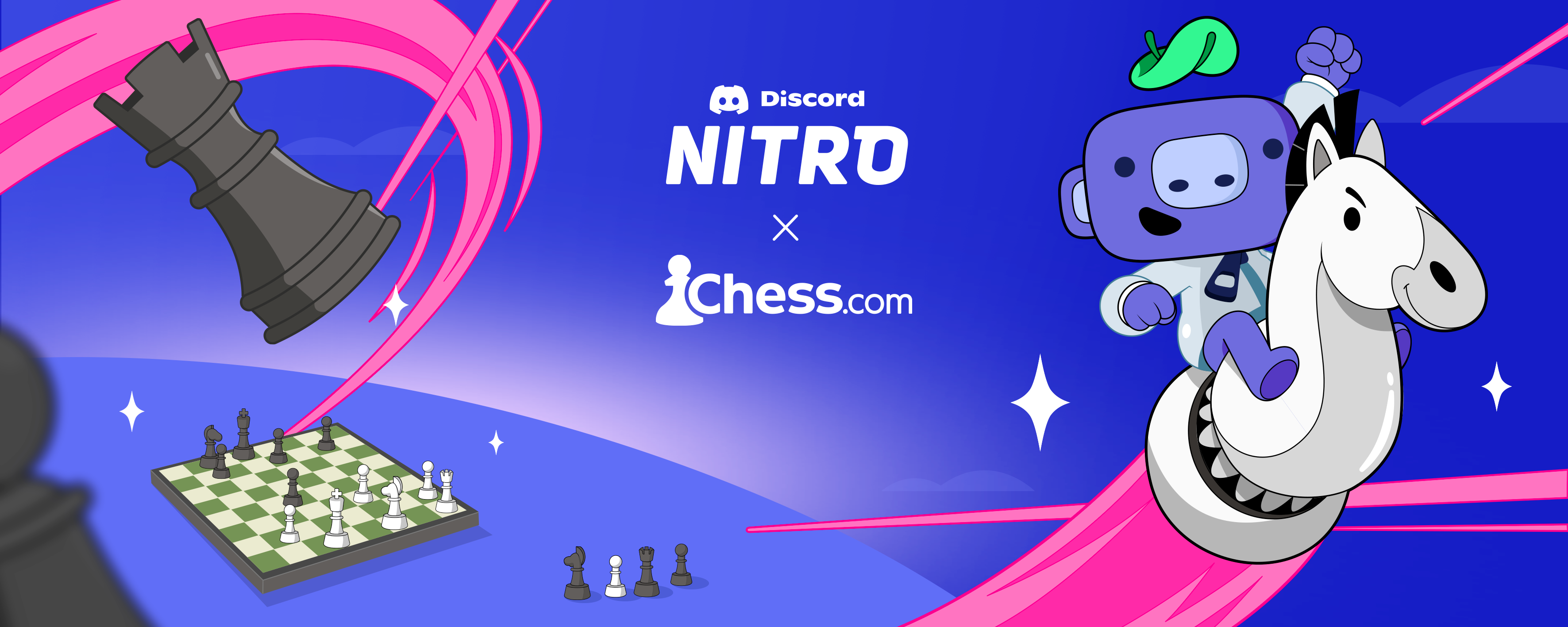 An illustration of Wumpus riding upon a giant Knight chess piece, flying off a chess board and soaring through the sky towards the viewer. The image reads: “Atlas Meet Nitro x Chess.com.