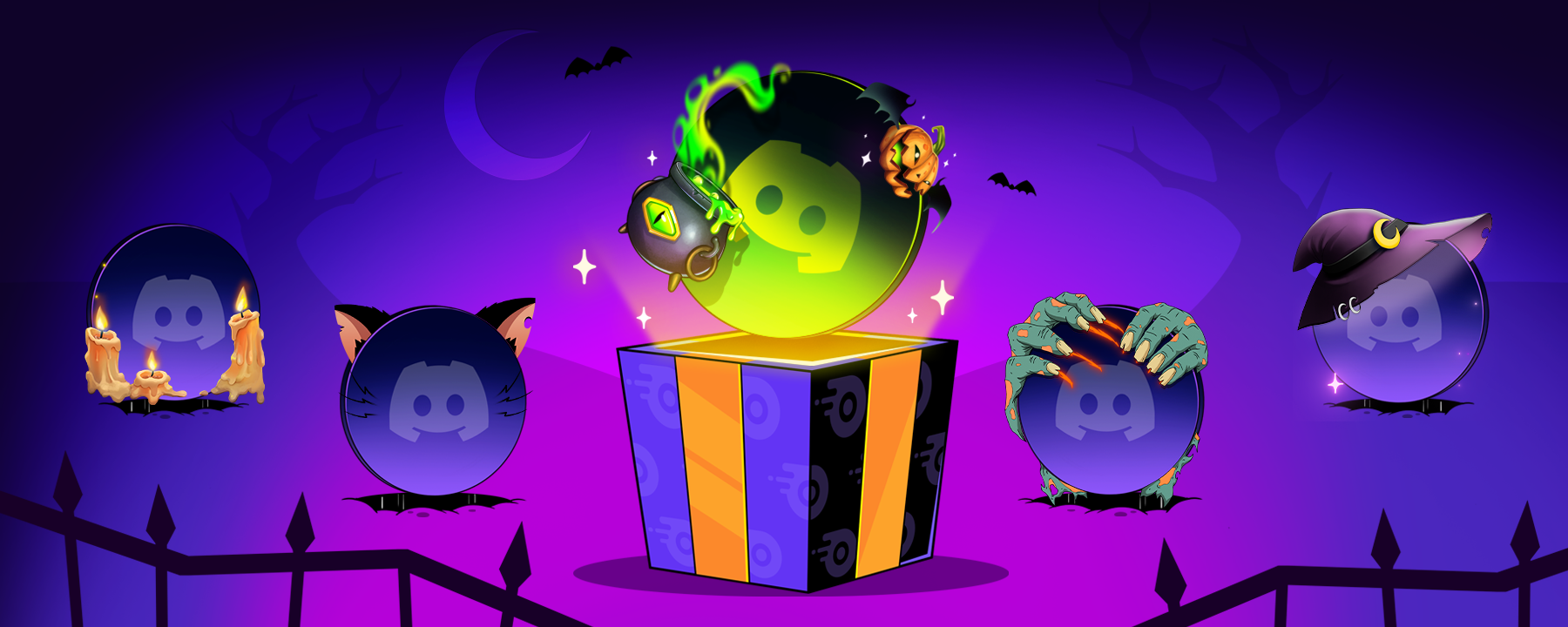 Four Halloween-themed Avatar Decorations rise from their graves. Between them, a present with Atlas Meet Nitro-themed wrapping paper opens up, and an Avatar Decoration bursts out of the box!