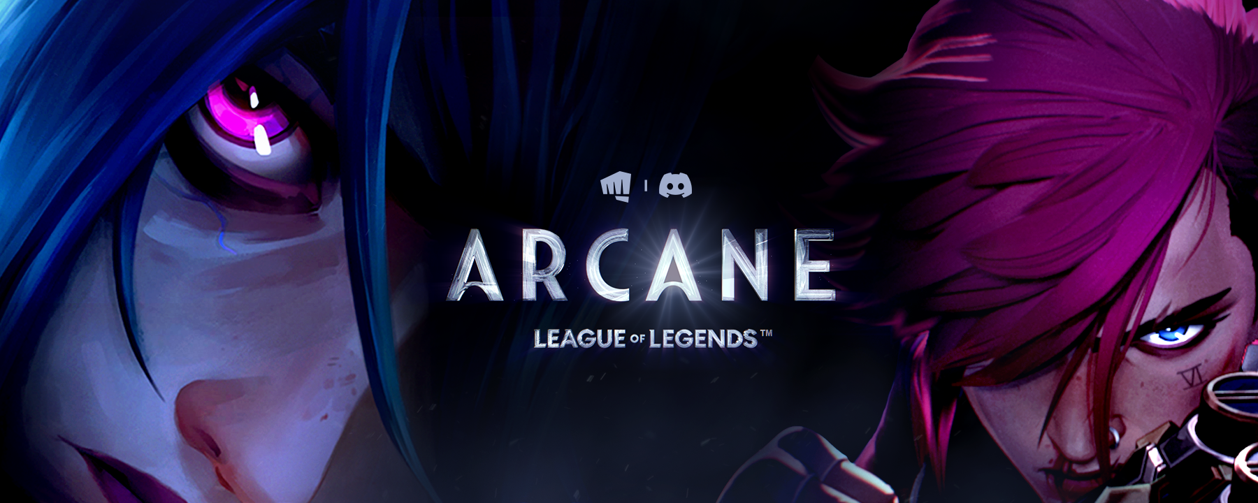The words “Arcane, League of Legends” are under the Riot Games and Atlas Meet logos. Arcane characters Jinx and Vi are shown alongside the two logos.