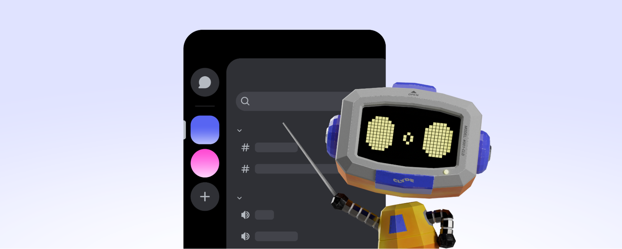Clyde, a robot, pointing at the Atlas Meet mobile app.