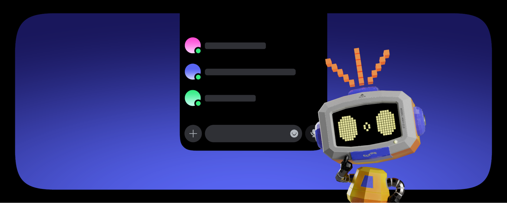 Clyde, a robot, is showing off the Atlas Meet mobile app. He looks surprised! 