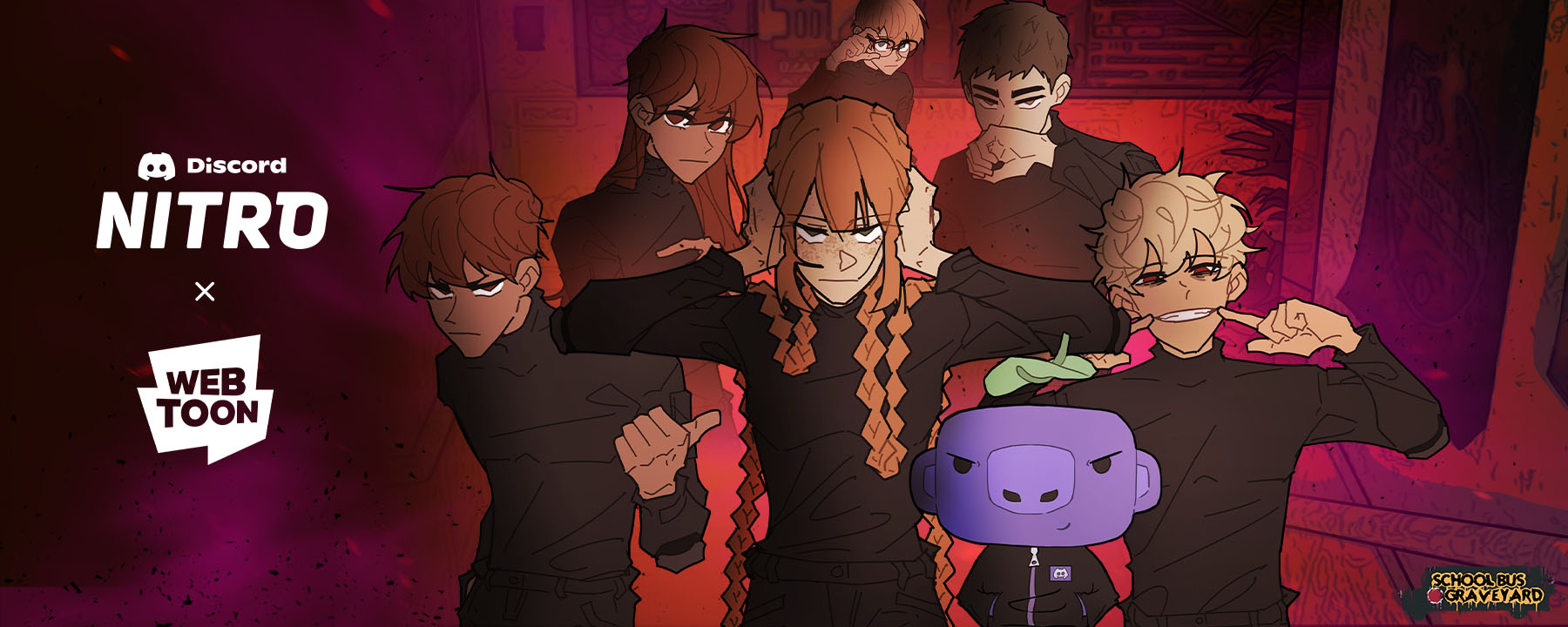 The cast of School Bus Graveyard alongside Wumpus. The logos “Atlas Meet Nitro, WEBTOON, and School Bus Graveyard” are shown.