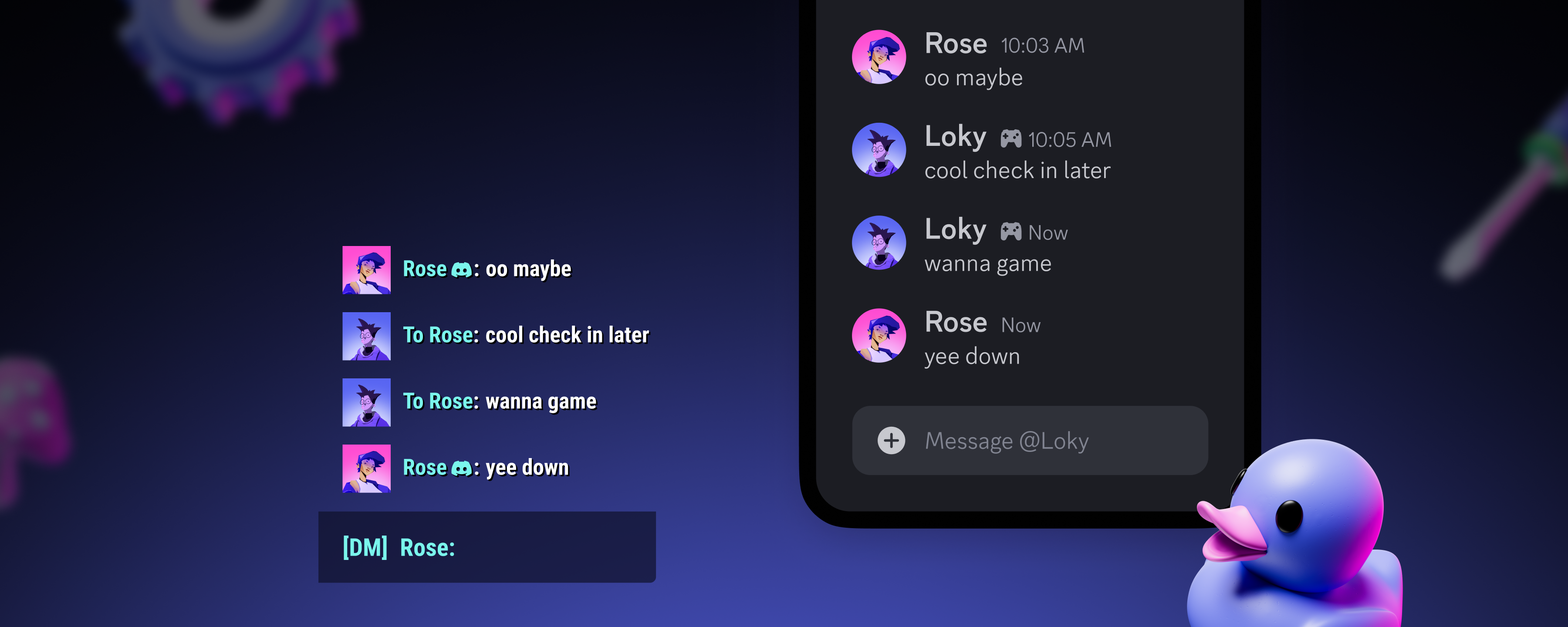 A Atlas Meet text conversation being shown simultaneously in Atlas Meet and in a video game’s text chat system.