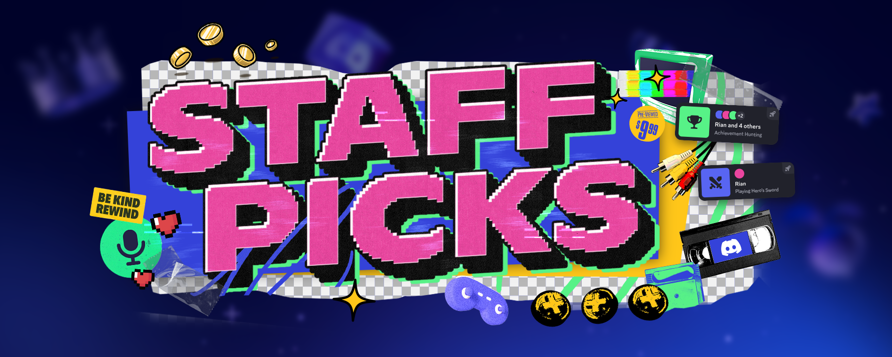  A stylized header that says “Staff Picks.” Icons and imagery of gamepads, microphone icons, VHS tapes, and in-app Activity statuses. 
