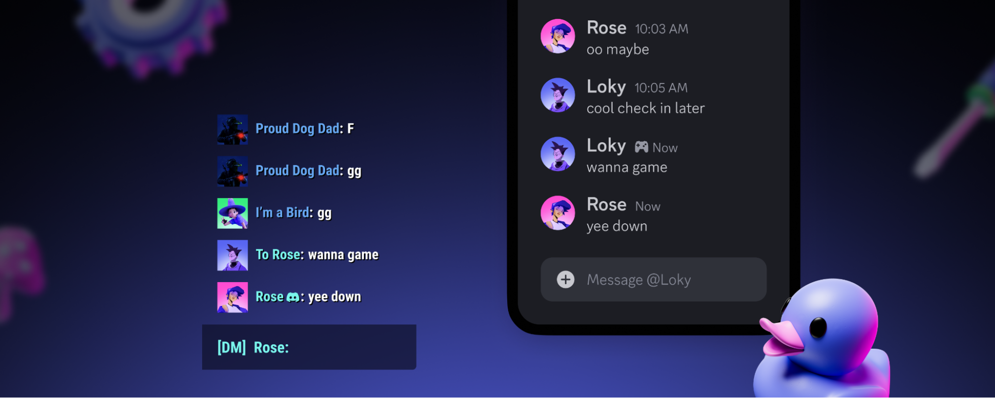 A Atlas Meet text conversation being shown simultaneously in Atlas Meet and in a video game’s text chat system.