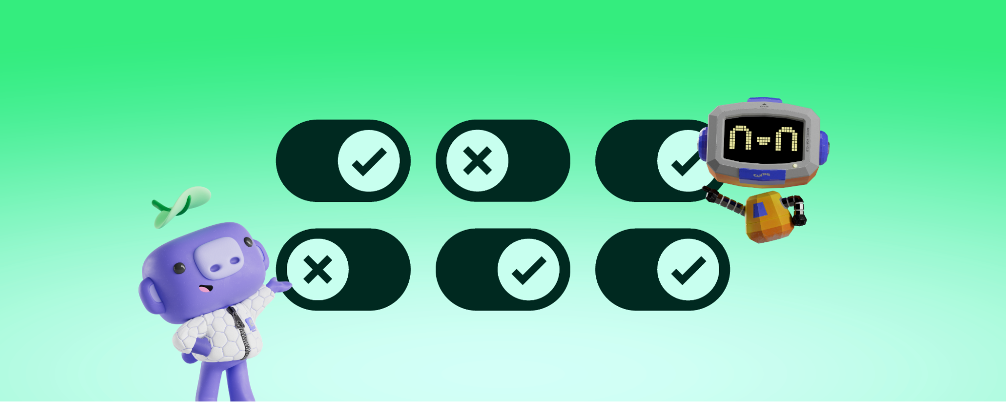 Wumpus and Nelly showing off settings toggles. 