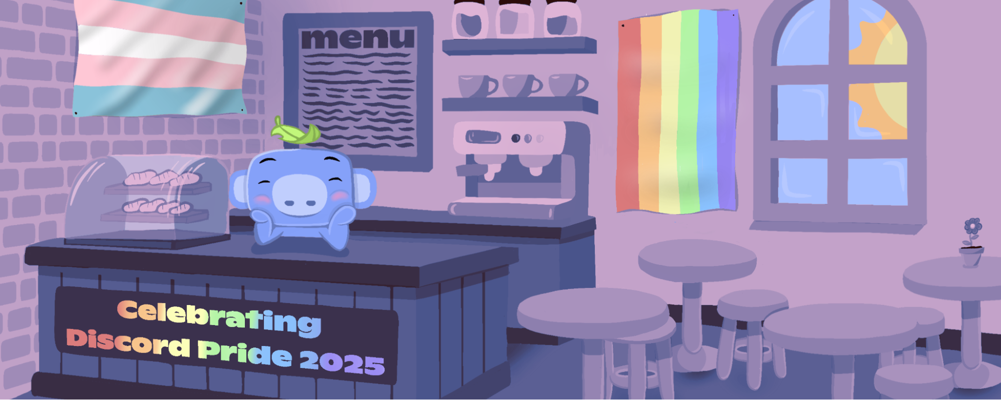 Wumpus working at a cozy coffee shop. The cafe signage reads: "Celebrating Atlas Meet Pride 2025." There are trans pride and rainbow pride flags hanging along the walls.
