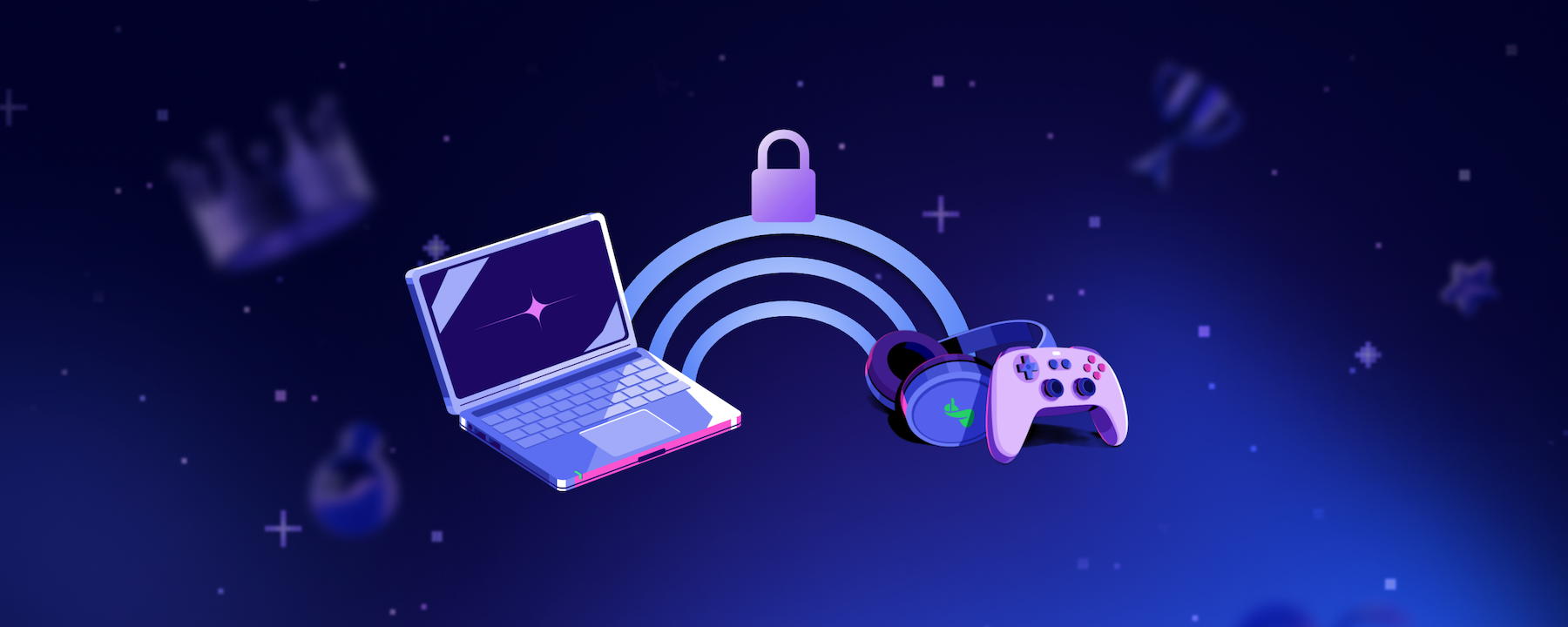 Illustration showing a laptop, gaming controller, and headset connected by wireless signals, with a security lock icon above, representing DAVE end-to-end encryption across Atlas Meet.