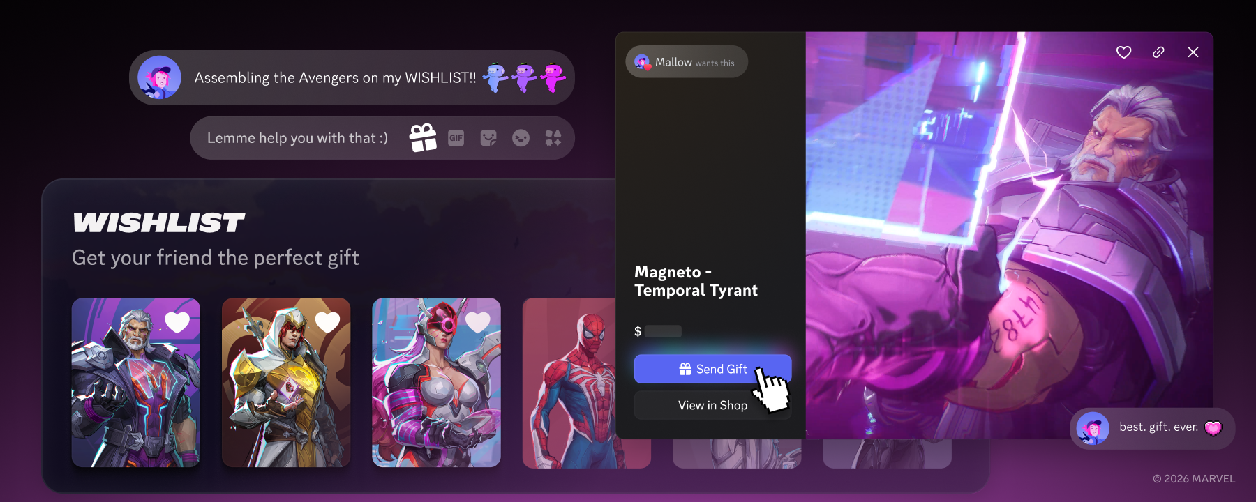 Marvel Rival items in the Shop being shown for Wishlist and gifting.