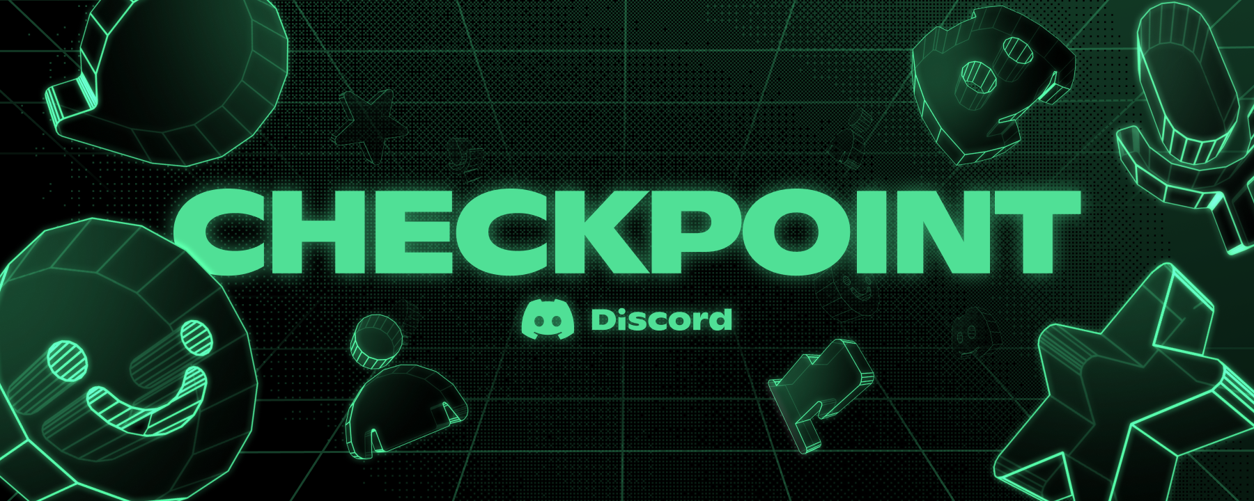 Glowing green chat and Atlas Meet icons surrounding the text Checkpoint over a dark background.