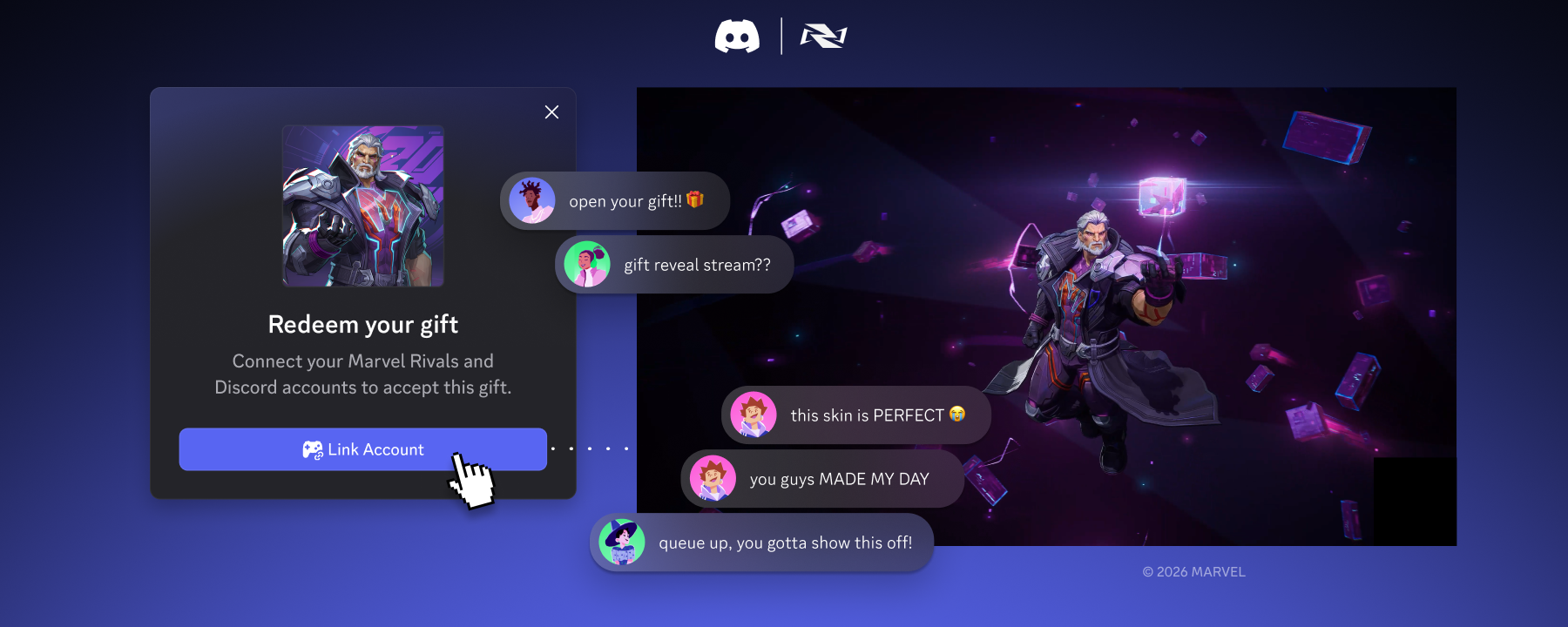 Chat conversation about receiving an in-game gift through Atlas Meet.