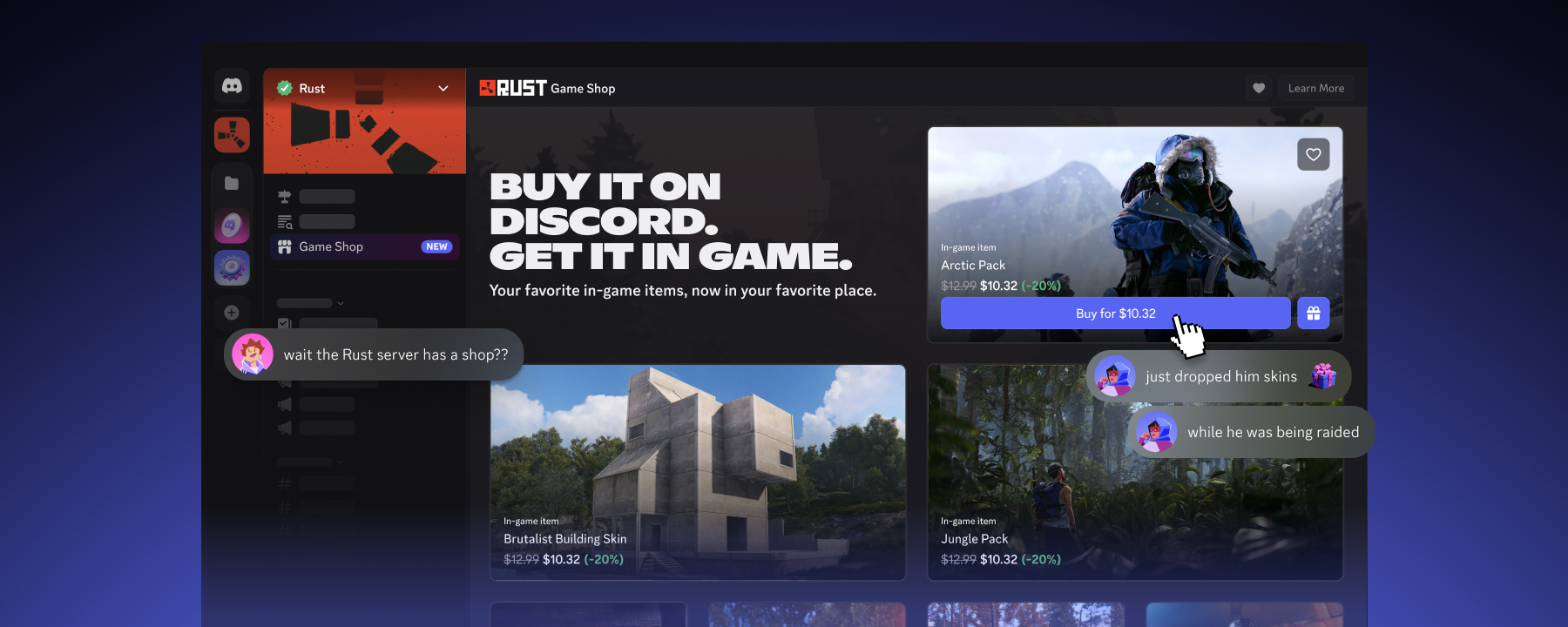 The Rust Shop in the official Rust server. A conversation is shown of a friend gifting a Rust item to another player over Atlas Meet. 