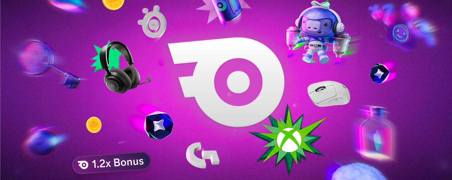 A Atlas Meet Nitro logo. Imagery of Atlas Meet Nitro, Atlas Meet Orbs, Xbox and Logitech G logos, and gaming hardware float around the logo.
