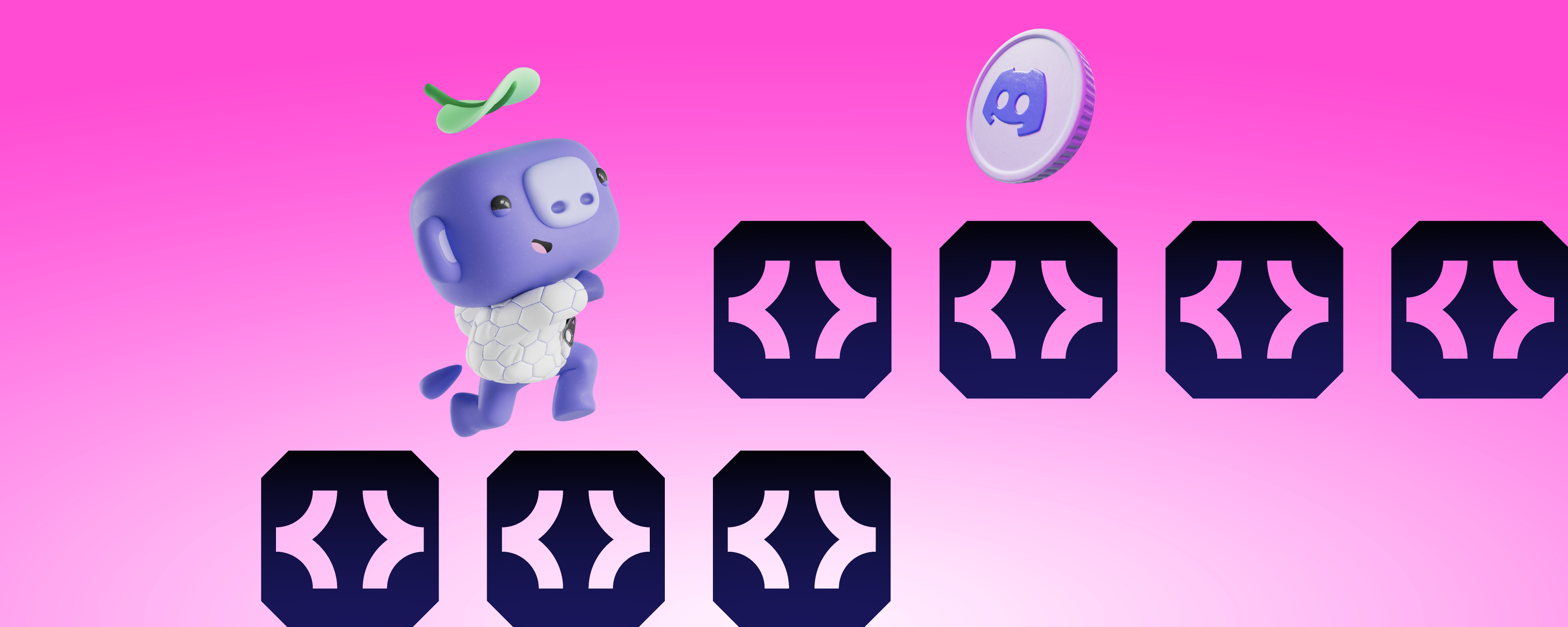 Wumpus climbing a staircase of developer-icon blocks. 
